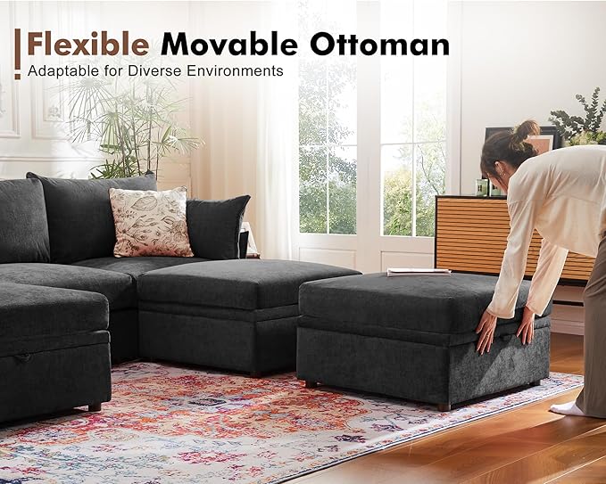 102.6" U Shaped Modular Sectional Sofa, 5 Seater Couch with Storage Ottoman Deep Seat and High Backrest with Removable Cover for Living Room, Apartment - Chenille Black-HomvellaHome