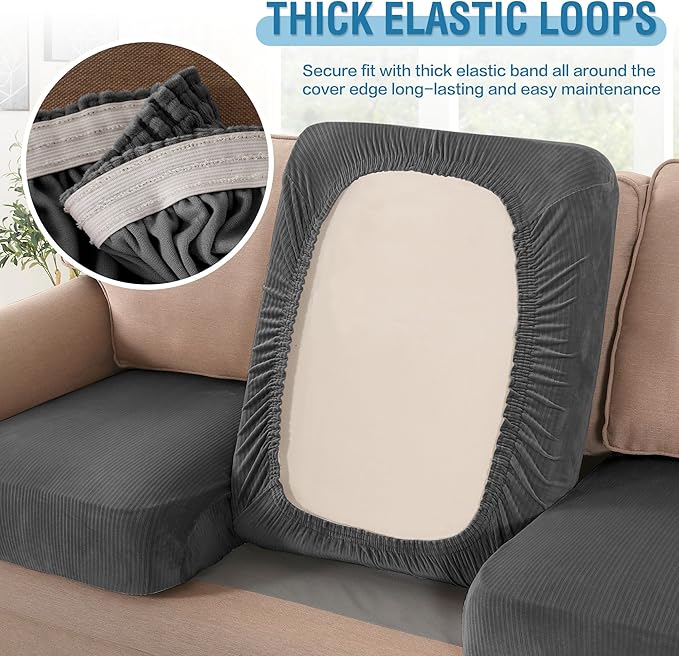 H.VERSAILTEX Velvet Stretch Couch Cushion Cover Plush Cushion Slipcover for Chair Cushion Furniture Protector Seat Cushion Sofa Cover (1 Piece Armchair Cushion Covers, Grey Striped)-HomvellaHome