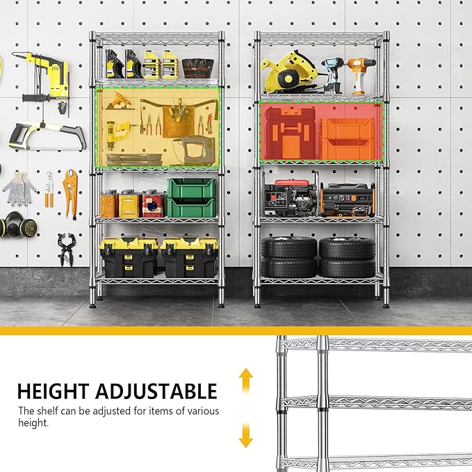 1250 lbs 5 Tier Shelf Metal Storage Shelves Shelving Wire Rack Heavy Duty Closet Organizers for Garage Kitchen Bathroom Laundry Chrome 13.8" D x 29.5" W x 59.5" H-HomvellaHome
