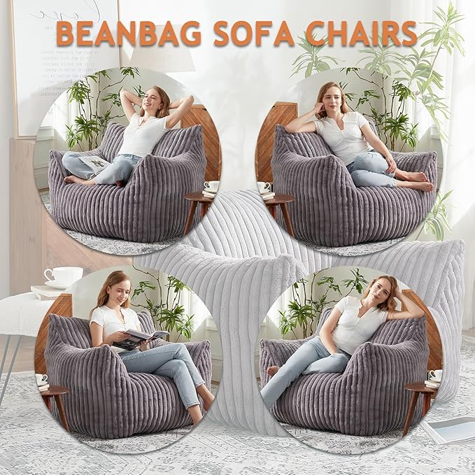 Giant Bean Bag Chairs for Adults with Filling Plush Fluffy Bean Bag Chairs for Teens with Armrests Comfy BeanBag Lazy Couch Sofa Chair for Bedroom Living Room Reading-HomvellaHome