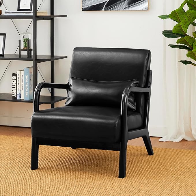 Glitzhome Accent Armchair with Walnut Ruberwood Frame, Black PU Leather Lounge Chair for Living Room-HomvellaHome