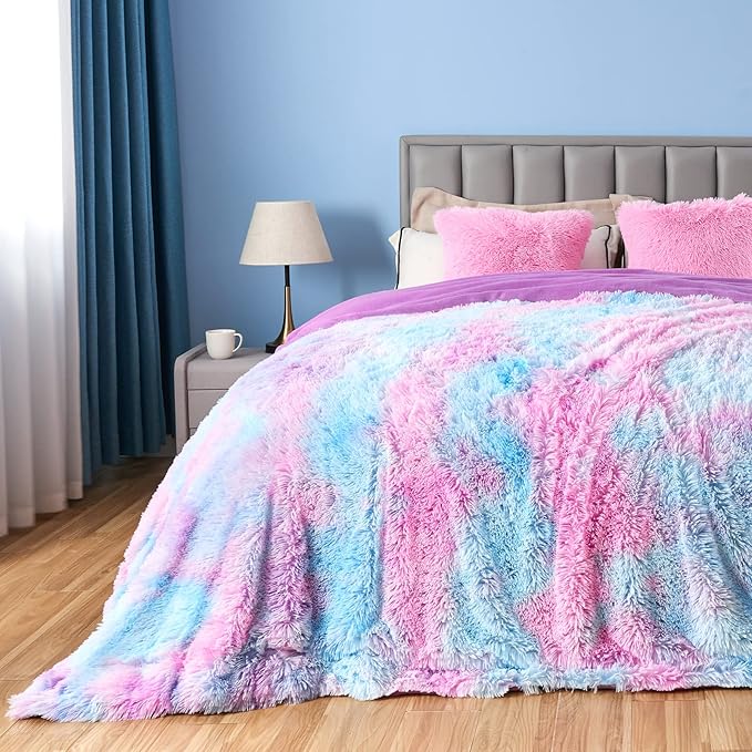 GONAAP Fuzzy Faux Fur Throw Blanket Queen Size Purple Rainbow Super Soft Cozy Plush Fuzzy Shaggy Blanket for Couch Sofa Bed (Purple Rainbow, Queen(90"x90"))-HomvellaHome