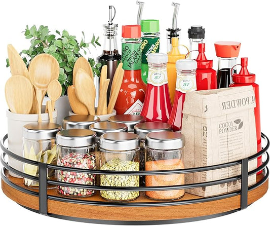 13" Lazy Susan Turntable Organizer - Wood Round Lazy Susan for Cabinet Kitchen Countertop Pantry Cupboard Dining Table Bathroom Coffee Bar Spice Storage Home Decor-HomvellaHome