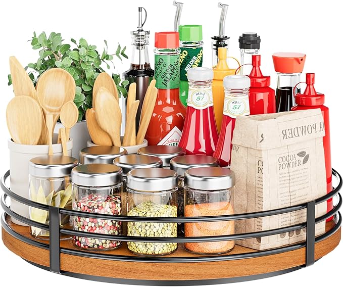 12" Lazy Susan Turntable Organizer - Oak Wood Lazy Susan for Cabinet Kitchen Countertop Dining Table Pantry Cupboard Bathroom Coffee Bar Storage Spice Rack Home Decor-HomvellaHome