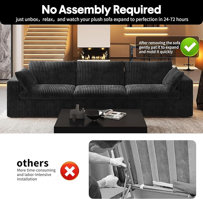 118" 3-Seater Cloud Sofa,Modular Sectional Couch,Modern Deep Seat Upholstered Couches with Plush Corduroy Fabric for Living Room Furniture,Bedroom and Apartment,No Assembly Required,Black-HomvellaHome