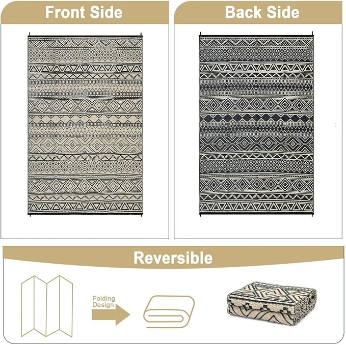 GAOMON Outdoor Rug for Patio Clearance 5x8 Reversible Plastic Straw Patio Rug for Camping Stain & UV Resistant RV Mats for Porch, Deck, Backyard, Camper, Balcony, Picnic, Black&Brown-HomvellaHome