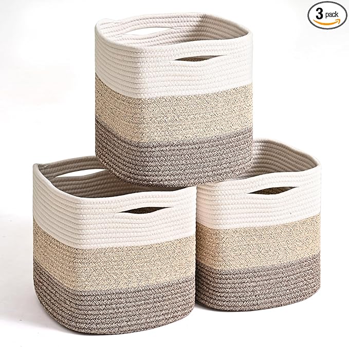 11 Inch Cube Storage Bins, Storage Cube Organizer Bins, Woven Cotton Rope Baskets for Storage, Storage Basket for Organizing Shelves, Square Baskets for Toys, Gradient Brown (Pack of 3)-HomvellaHome