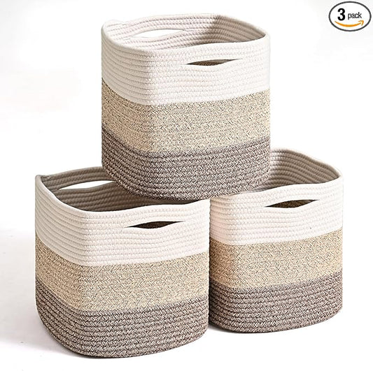 11 Inch Cube Storage Bins, Storage Cube Organizer Bins, Woven Cotton Rope Baskets for Storage, Storage Basket for Organizing Shelves, Square Baskets for Toys, Gradient Brown (Pack of 3)-HomvellaHome