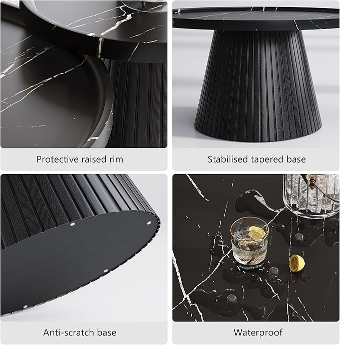 win2win Nesting Coffee Table Set of 2, Modern Coffee Table with Marble Veneer, Fluted Round Tea Table and End Table Set, Minimalist Center Tables for Living Room, Office, Black-HomvellaHome