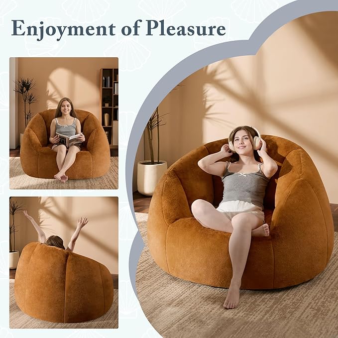 Giant Bean Bag Swivel Chair for Adults - Comfy Plush Round Shell Soft Accent Chair, Oversized Cozy Floor Sofa for Living Room, Bedroom & Game Rooms, Orange-HomvellaHome