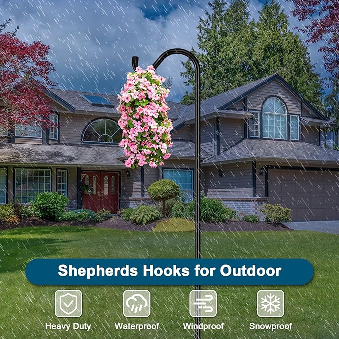 Gtongoko Shepherds Hook for Outdoor, 76 Inch Bird Feeder Pole with 7 Prongs Base, 3/4 Inch Thick Heavy Duty Adjustable Garden Hook for Hanging Plant, Hummingbird Feeder, Lantern, 2 Pack-HomvellaHome