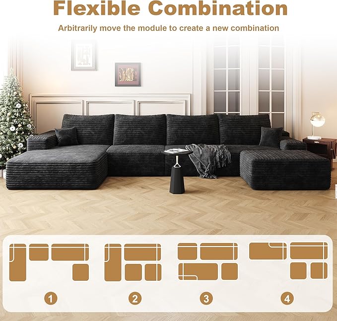 136" Sectional Couches for Living Room Modern Modular Sofa with L-Shape Couchs Upholstered Boneless Couch Deep Seat Sectional Couch with Chaise (Black, Left Facing Chaise+3Seaters+Ottoman)-HomvellaHome