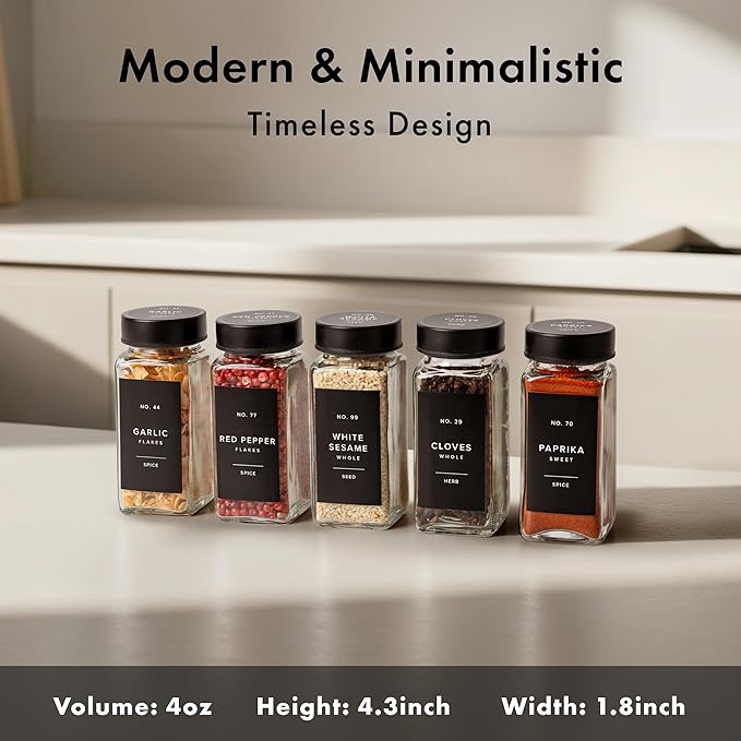 Glass Spice Jars with Label and Stainless Steel Lids (24 x 4oz) Spice Containers with 240 Labels, Shaker Inserts, Steel Funnel, Empty Square Empty Square Seasoning Organizer (Black)-HomvellaHome