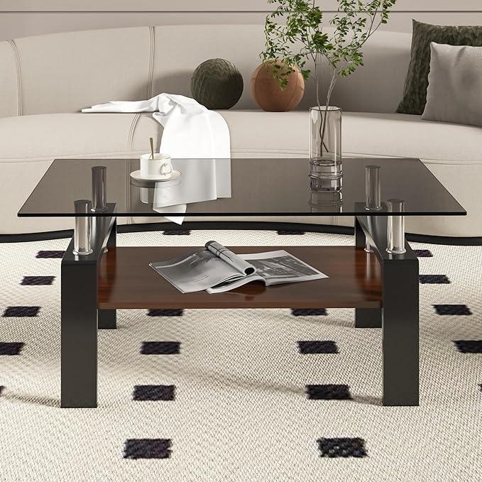 Glass Coffee Table Rectangle Living Room Center Table, with Gray Tempered Glass Tabletop and Brown MDF Layer,for Living Room and Office, Gray+Brown-HomvellaHome