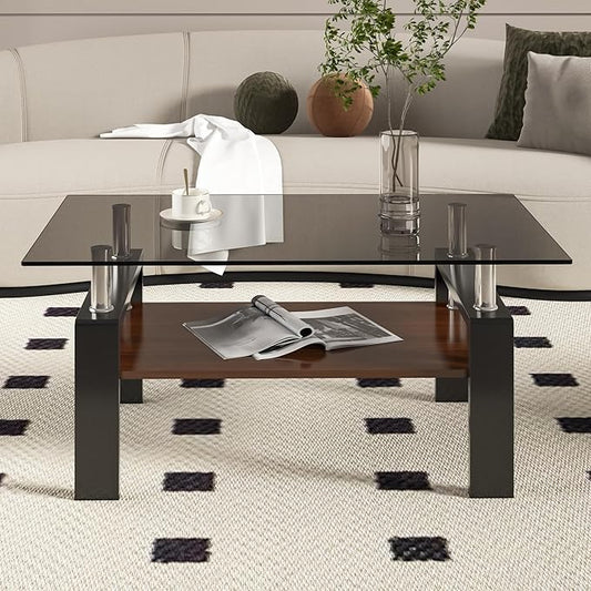 Glass Coffee Table Rectangle Living Room Center Table, with Gray Tempered Glass Tabletop and Brown MDF Layer,for Living Room and Office, Gray+Brown-HomvellaHome
