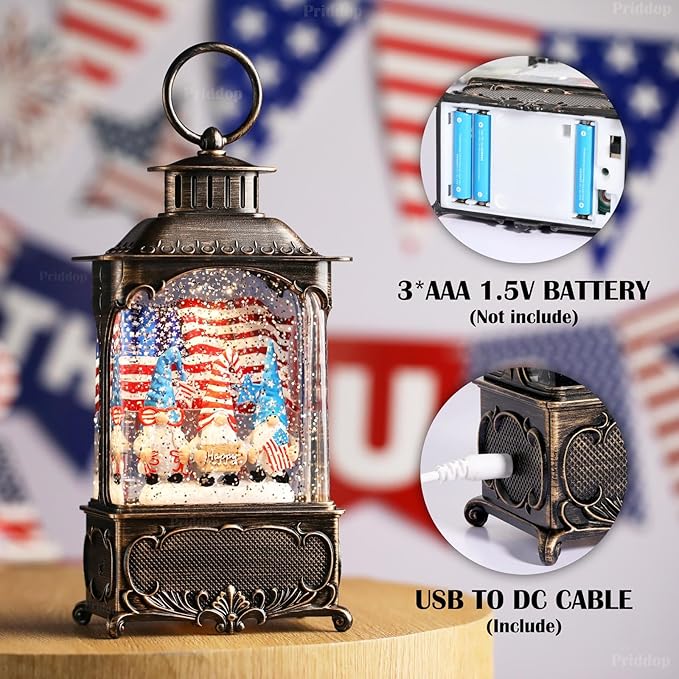 Gnome Snow Globe Lantern 4th of July Decorations with Timer, USB and Battery Powered 4th of July Shirts Patriotic Gnomes and American Flag Independence Day 10.2 inch-HomvellaHome