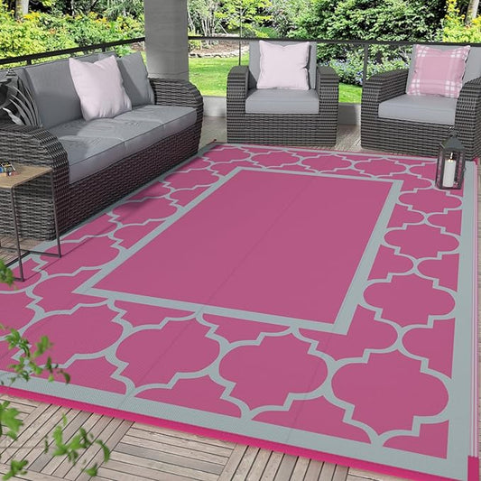 GENIMO 6' x 9' Outdoor Rug Waterproof for Patio Decor, Foldable Reversible Plastic Straw Area Rugs Mat for Camper, Outside Carpet for Rv, Deck, Porch, Picnic, Beach, Balcony, Pink & Grey-HomvellaHome