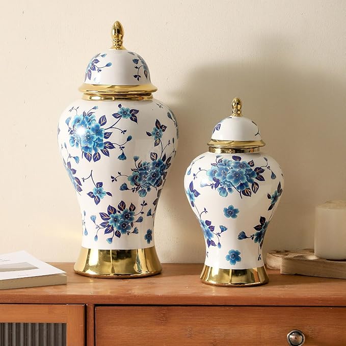 Ginger Jars for Home Decor, White and Gold Vase, Porcelain Ginger Jar Chinoiserie Blue and White Vase with Gold Trim and Floral Pattern, Ceramic Flower Vase for Home, Temple and Storage Jars(18in)-HomvellaHome