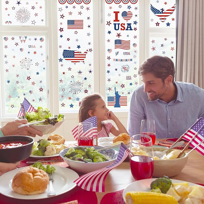 158 Pcs 4th of July Window Clings, 9 Sheets Patriotic Window Clings Decals, Watercolor Double-Sided American Flag Stars Firework Window Stickers for Independence Day Parade Veterans Memorial Day Decor-HomvellaHome