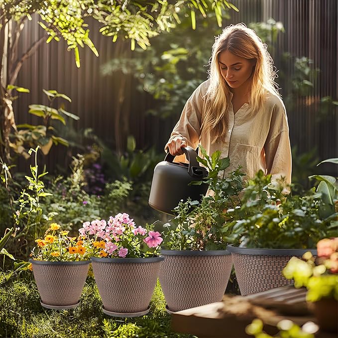 12 inch Pots for Plants, 4 Pack Large Outdoor Planter Pot with Drainage Holes & Saucers, Plastic Flower Pots for Indoor Plants, Decorative Garden Pots for Indoor & Outdoor Plant (Black Copper)-HomvellaHome