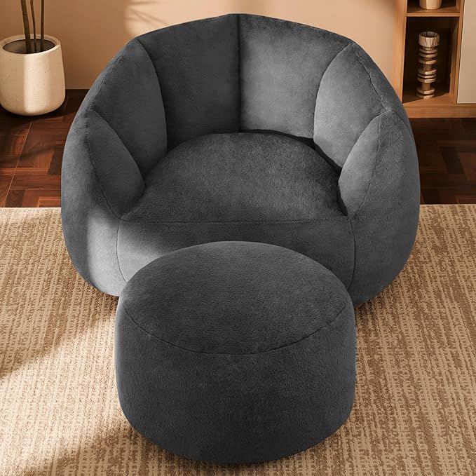 Giant Bean Bag Chaise Lounge Indoor Chair for Adults - Comfy Plush Round Shell Soft Accent Chair, Oversized Cozy Floor Sofa for Living Room, Bedroom & Game Rooms, Gray-HomvellaHome