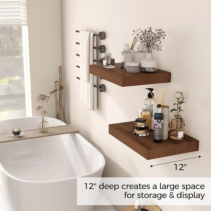 12 Inch Deep Floating Shelves, 16 x 12 Floating Shelf for Books, Rustic Wood Deep Wall Shelves for Home Storage & Display, 2" Thicked Shelves for Kitchen, Living Room, Bedroom, Walnut Color, 2 Pack-HomvellaHome