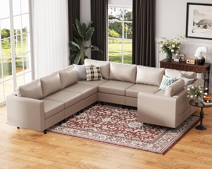 118.5" Faux Leather Modular Sectional Sofa, U Shaped Couch Set for Living Room, Large 8-Seater Comfy Cloud Couches with Storage Seat DIY Combination - Whitesand-HomvellaHome