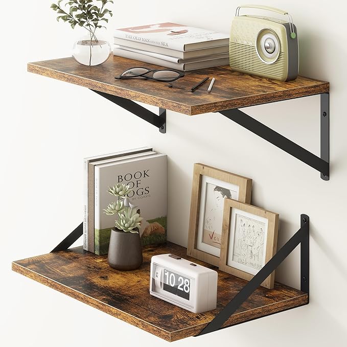 18"W x12"D Floating Shelves, Farmhouse Wall Shelves Home Decor Shelf, Deep Bathroom Shelf with Bracket, 12 Inch Deep Wall Shelves for Living Room, Kitchen, Bedroom, Rustic Brown, Set of 2-HomvellaHome