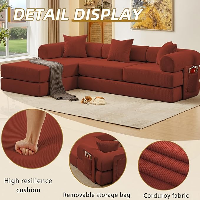 107" Oversized Convertible Sleeper Sofa Bed, Corduroy L Shape Sectional Couch, Folding Sofa Bed with Side Pocket, Modern Cloud Floor Mattress Couch, Modular Sofa for Living Room, Red-HomvellaHome