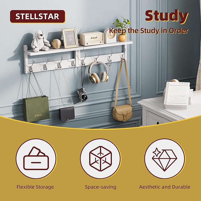 2 Pack Coat Rack Wall Mount, Bamboo Coat Hook with Storage Shelf, Coat Hanger with 8 Dual Hooks, Wall Floating Shelf for Entryway Hallway Kitchen, Bathroom, Bedroom (White+Slive)-HomvellaHome