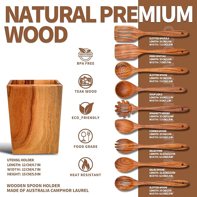 Gudamaye 13 inch Long Wooden Spoons for Cooking, 9 PCS Natural Teak Wooden Kitchen Utensil Set with Utensils Holder Made of Australia Camphor Laurel Wood，Wooden Utensils for Cooking-HomvellaHome