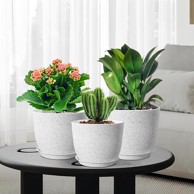 10/9/8 inch Medium Plant Pots, Set of 3 Modern Decorative Plastic Planters with Drainage Holes and Saucers for Garden House Plants, Flower Pots for Indoor Outdoor Plants, Speckled White-HomvellaHome