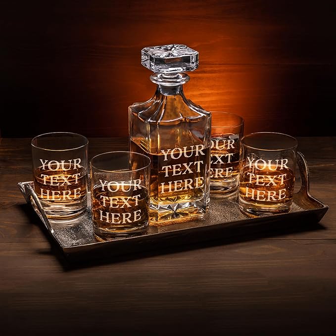 Gifts Inscribed Personalized Whiskey Decanter Set - Engraved Whiskey Decanter Bottle & Set of 4 Custom Drinking Glasses Laser Etched - Customized Whiskey Gift for Wedding, Anniversary, Birthday, Dad-HomvellaHome