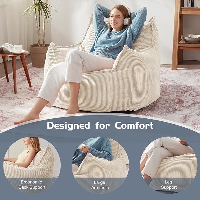 Giant Bean Bag Chair Sofa for Adults Teens, Comfy Corduroy Large Bean Bag Chairs with Armrests for Bedroom Living Room, Adult BeanBag Lazy Sofa Couch Chairs with Filler Included-HomvellaHome