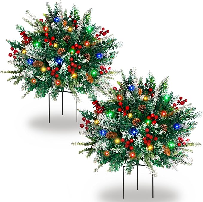 2 Pack Lighted Artificial Christmas Urn Filler, Battery Operated Pre-lit Xmas Pine Trees, Tripod Stake and 60 LED Lights, Holiday Porch Decorations for Porch, Yard, Garden, Flower Beds（Multicolor）-HomvellaHome