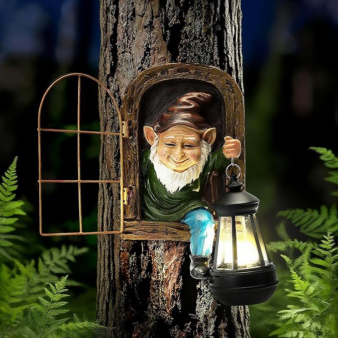 Garden Gnome Decor Outdoor Statue - Gnome With Solar Waterproof Lantern, Whimsical Elf Out The Door Tree Hugger Garden Statues, Home, Fence, Patio, Resin Ornament, Gardening Gift Tree Faces Gnomes-HomvellaHome