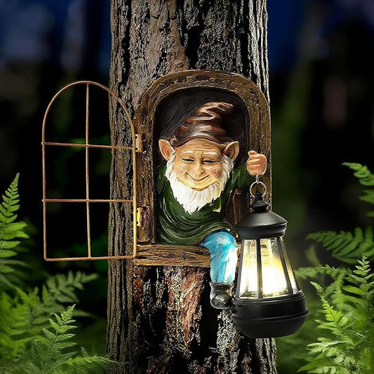 Garden Gnome Decor Outdoor Statue - Gnome With Solar Waterproof Lantern, Whimsical Elf Out The Door Tree Hugger Garden Statues, Home, Fence, Patio, Resin Ornament, Gardening Gift Tree Faces Gnomes-HomvellaHome