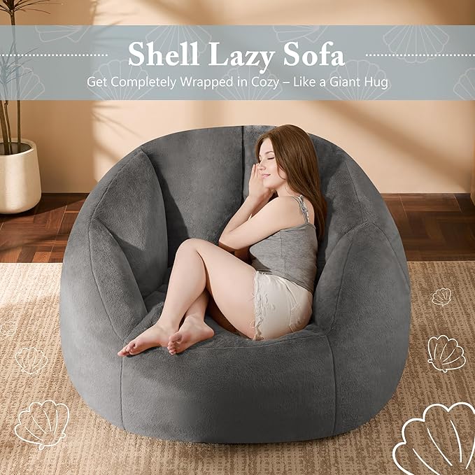 Giant Bean Bag Swivel Chair for Adults - Comfy Plush Round Shell Soft Accent Chaise Lounge Indoor Reading Chair, Oversized Cozy Floor Sofa for Living Room, Bedroom & Game Rooms, Dorm, Gray-HomvellaHome