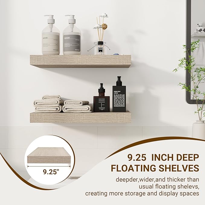 16 Inch Floating Shelves, 3D Textured Wood Grain, 16"x9.25"x1.5" Inch Deep Floating Shelves for Wall, Wooden Shelves for Bathroom, Bedroom, Living Room, Vintage White Oak-HomvellaHome