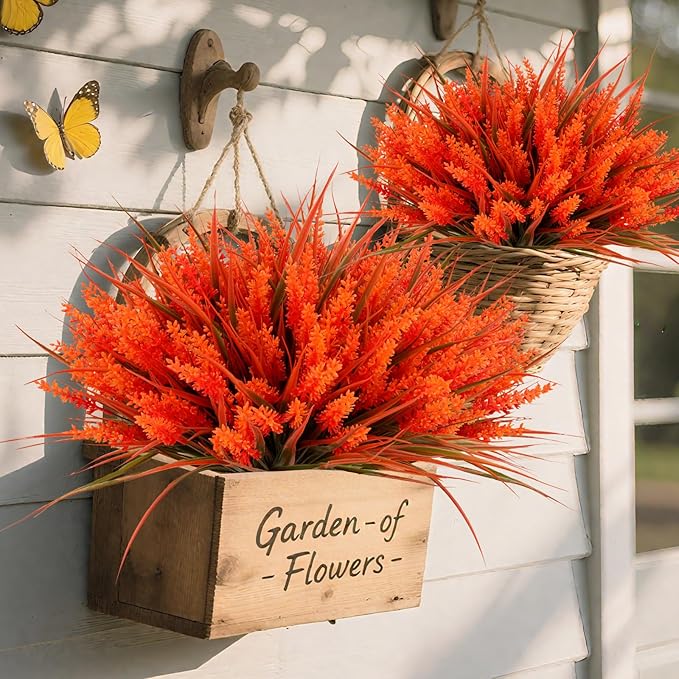 Geegoods 24 Bundles Artificial Fall Flowers Outdoor – Faux Lavender Flowers with Monkey Grass UV Resistant Plastic Faux Plants for Garden Porch Patio Home Decor, Autumn-red Color-HomvellaHome