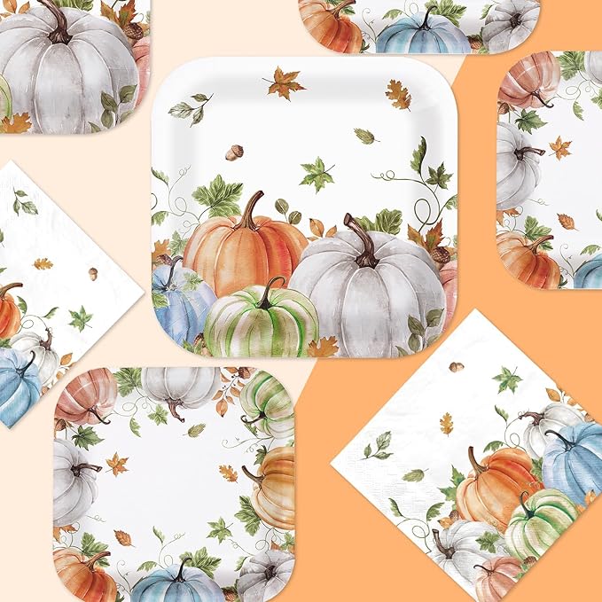 Grencian 200Pcs Fall Plates and Napkins Square Autumn Pumpkin Plates Thanksgiving Paper Platter Tableware Sets for Thanksgiving Harvest Party Decorations, Serves 50-HomvellaHome