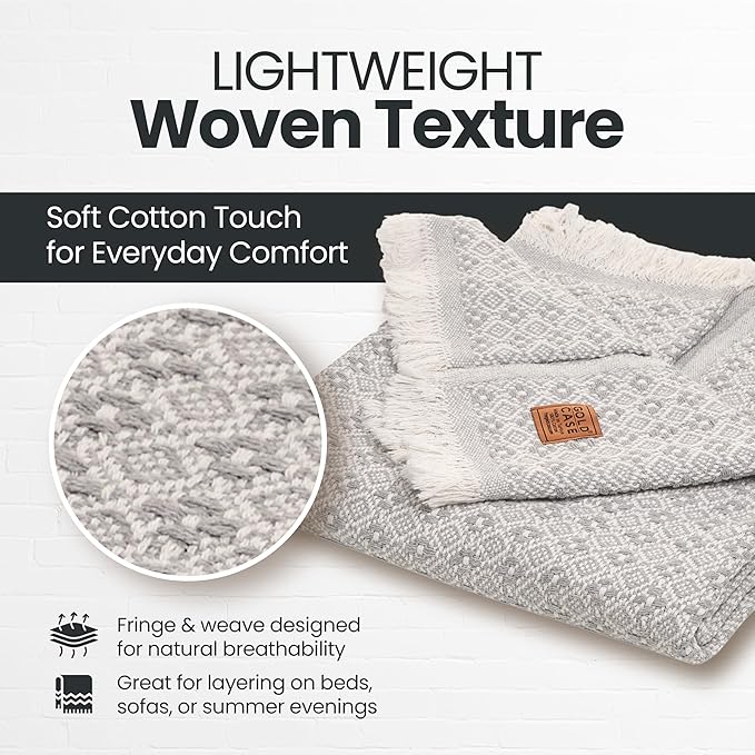 Gold Case Throw Blanket for Couch – 100% Recycled Turkish Cotton Blankets & Throws – Elegant Decorative Throw Blankets for Living Room Sofa – Woven Throws for Couch – Retro Grey – 50x60-HomvellaHome