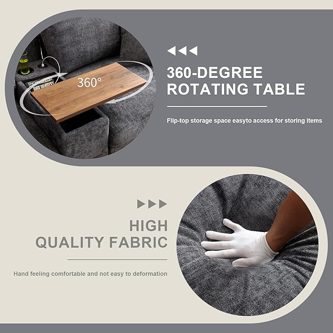 120.3" Modern L-Shaped Sectional Sofa with 360°Swivel Drop-Down Table, Storage Armrest, USB Ports & Movable Storage Ottoman – Plush Linen Cloud Couch for Lounge (Grey)-HomvellaHome