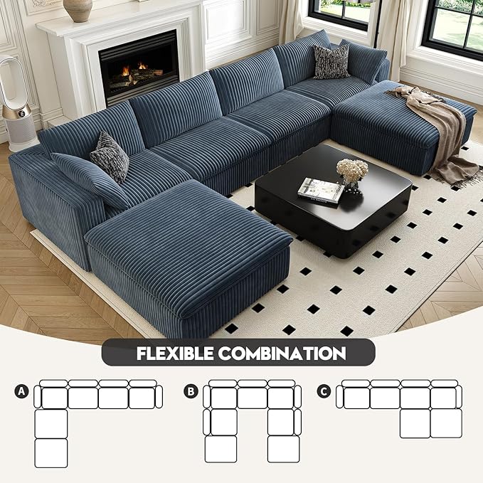 157.5" Cloud Couch Oversized Modular Sectional Sofa for Living Room,Modern Sofa with Deep Seat，U-Shape Boneless Couch with 2 Ottoman,Comfy Upholstered Couches for Apartment, Studio, Office,Blue-HomvellaHome
