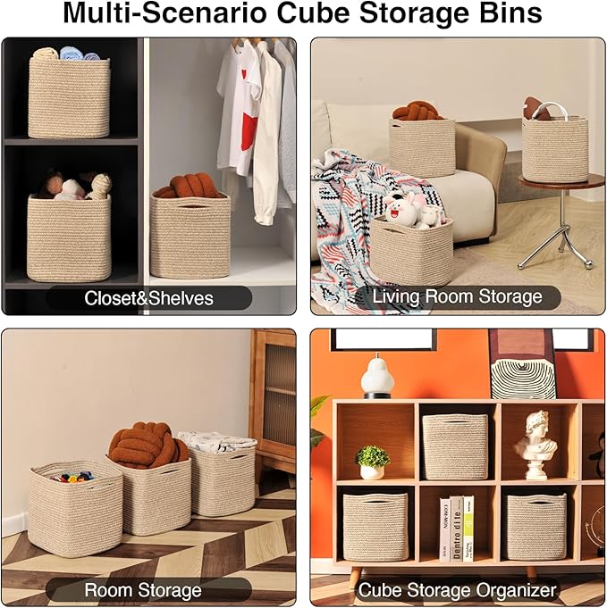 11 Inch Cube Storage Bins, Storage Cube Organizer Bins, Woven Cotton Rope Baskets for Storage, Storage Basket for Organizing Shelves, Square Baskets for Toys Nursery, Brown (Pack of 3)-HomvellaHome