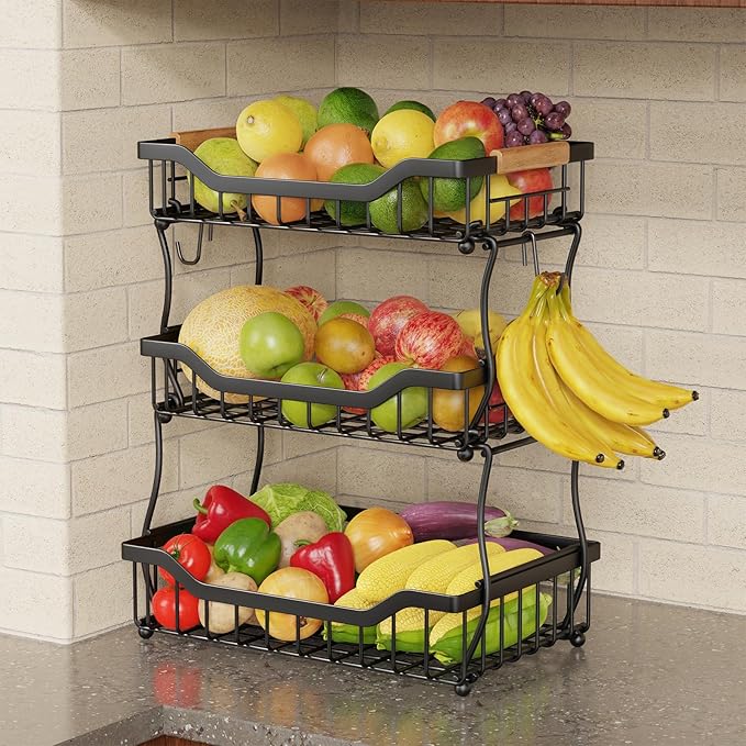 Giwil 3 Tier Countertop Fruit Basket for Kitchen, Vegetable Storage Bread Fruit Bowl Stand with 2 Banana Hooks, Wall Mounted Metal Wire Basket Organizer for Potato Onion, Black-HomvellaHome