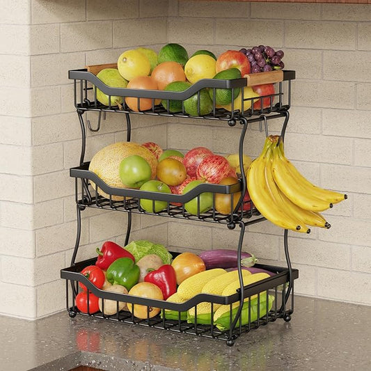 Giwil 3 Tier Countertop Fruit Basket for Kitchen, Vegetable Storage Bread Fruit Bowl Stand with 2 Banana Hooks, Wall Mounted Metal Wire Basket Organizer for Potato Onion, Black-HomvellaHome