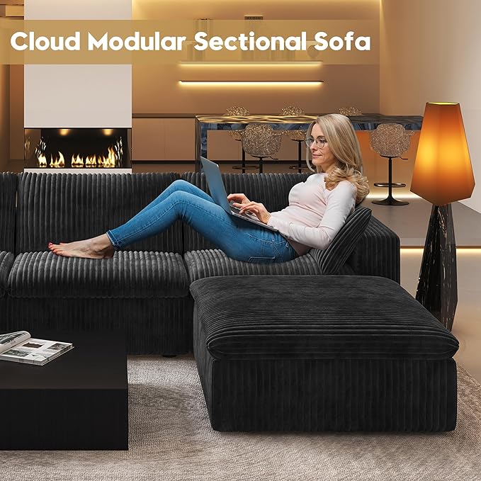 157.5" L Shaped Modern Sofa Modular Sectional Cloud Couch with Ottoman,Deep Seat Upholstered Couches with Corduroy Fabric for Living Room Furniture,Bedroom and Apartment,No Assembly Required,Black-HomvellaHome