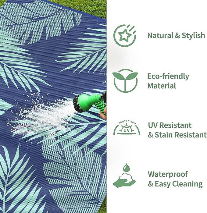 GENIMO Outdoor Rug 5' x 8' Waterproof for Patios Clearance, Reversible Outdoor Plastic Straw Camping Rug Carpet, Large Area Rugs Mats for RV, Camper, Deck, Balcony, Porch, Beach, Royal Blue&Blue Green-HomvellaHome