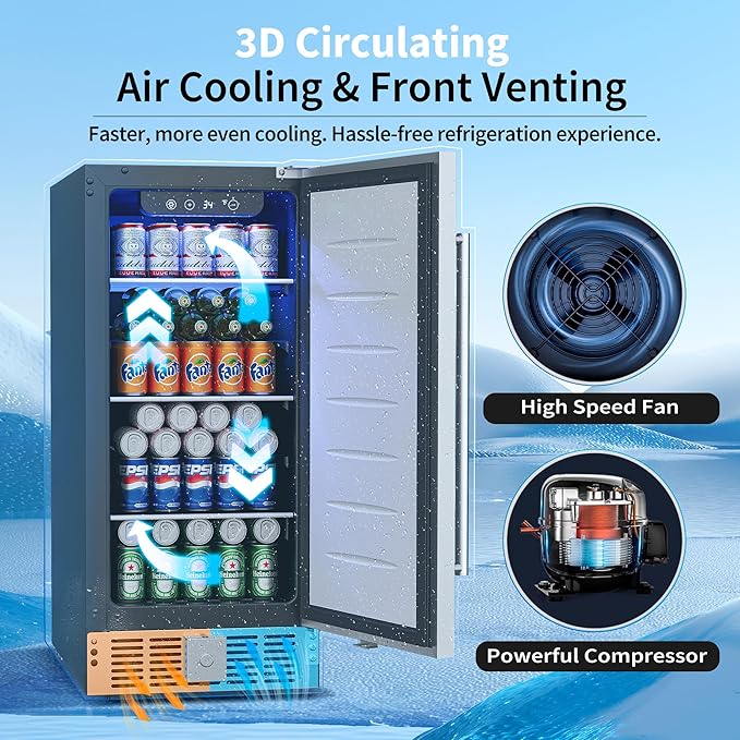 15 Inch Undercounter Beverage Refrigerator - 126 Cans Beverage Fridge with Stainless Steel Door for Beer Wine Soda - Built-in or Freestanding Wine Cooler for Home Kitchen Bar-HomvellaHome